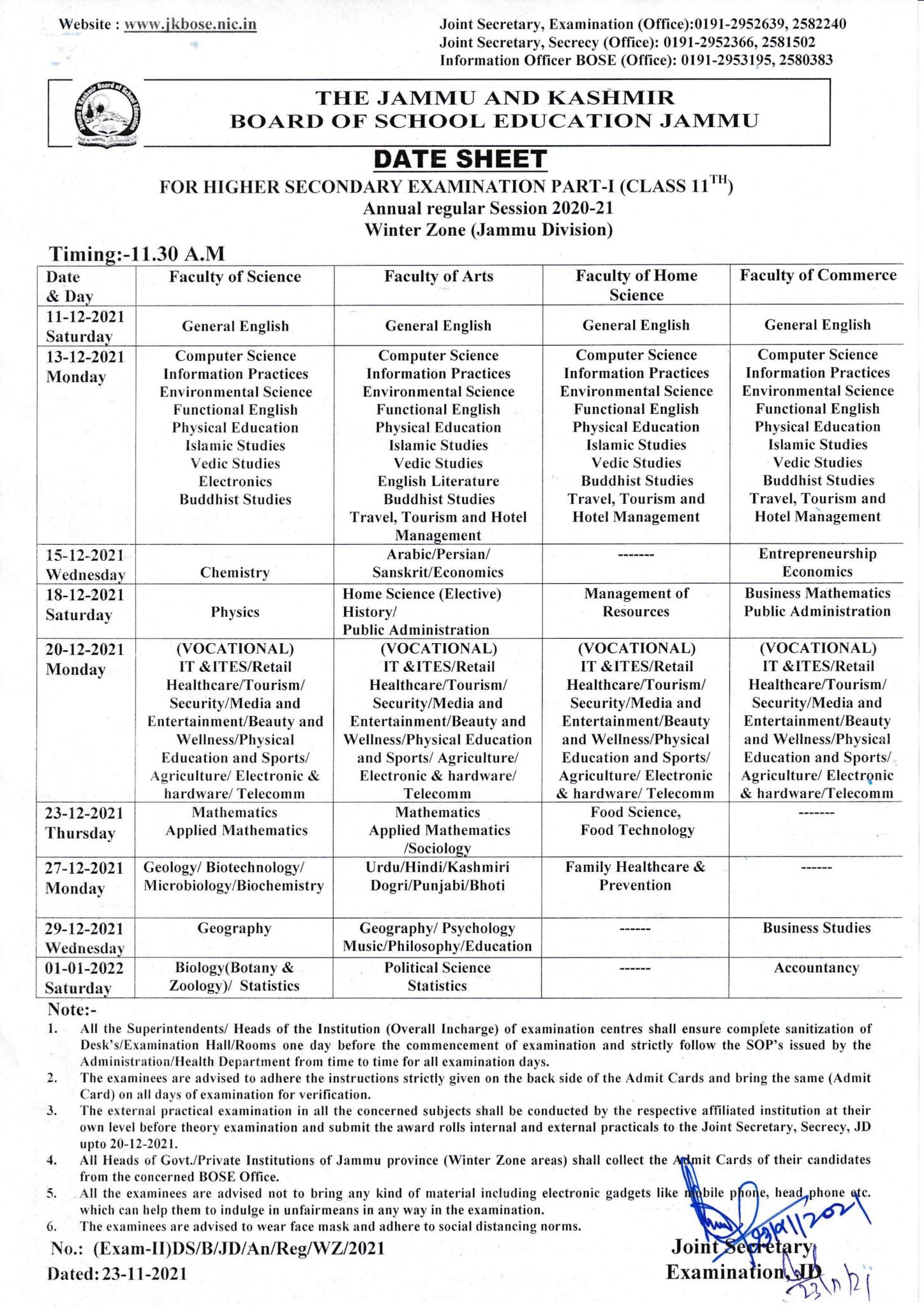 JKBOSE Class 11 Date Sheet For Annual Regular 2021 Winter Zone Jammu