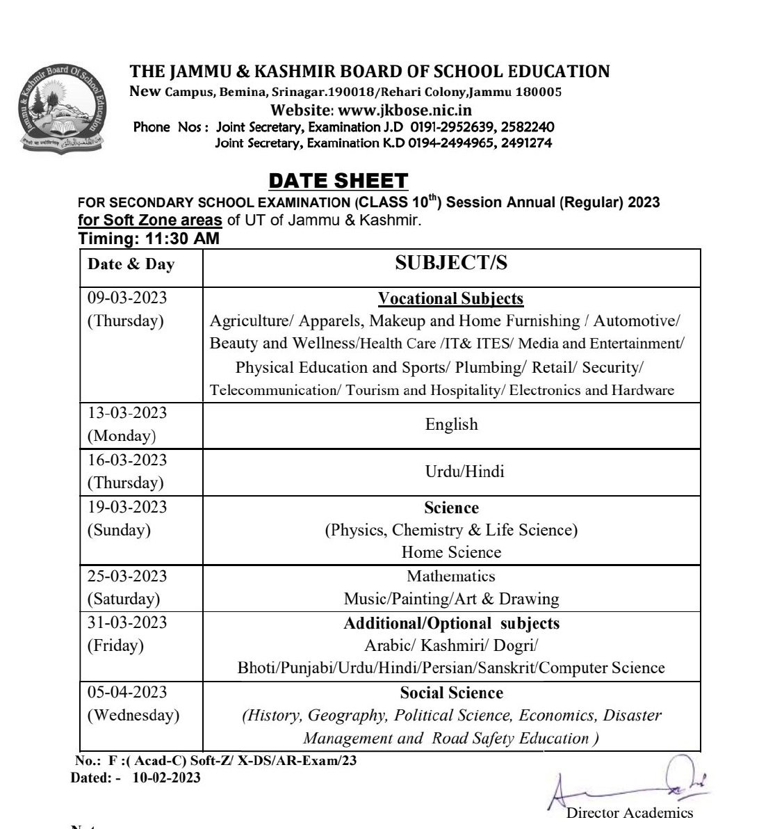 Jkbose 10th 11th 12th Class Date Sheet Annual Regular 2023 Jammu And